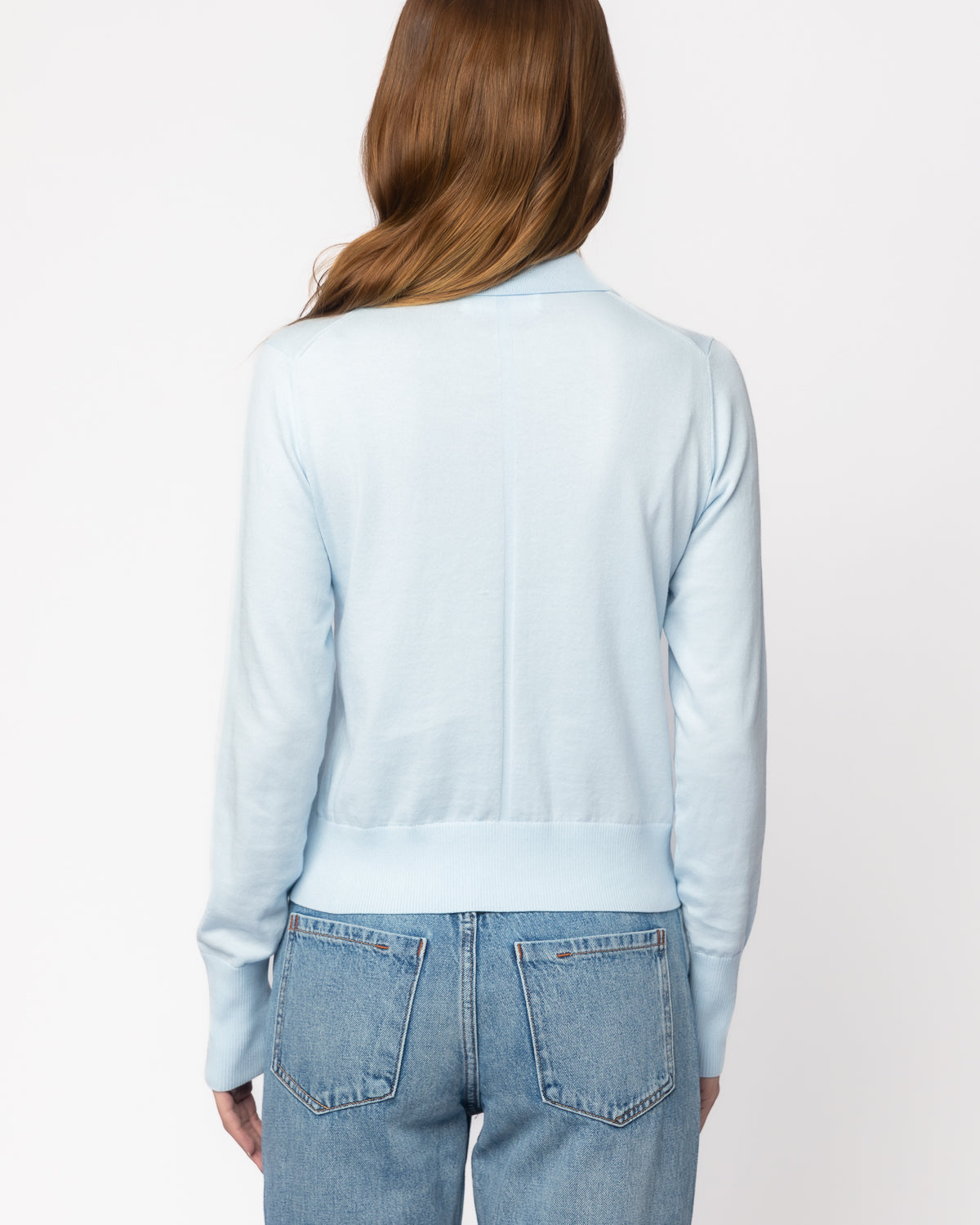 The Halsey Cotton Polo Sweater in pale blue, back view — State of Cotton NYC