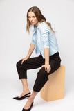 The Halsey Cotton Polo Sweater in pale blue, styled view — State of Cotton NYC