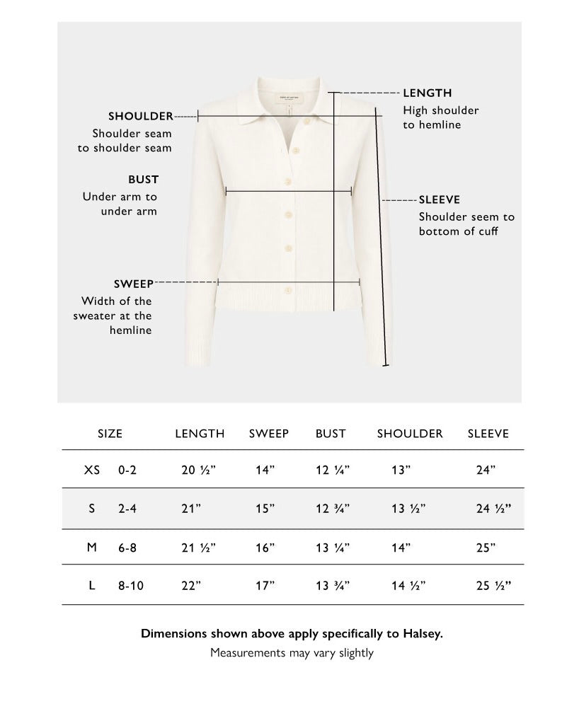 Size chart for The Halsey Cotton Polo Sweater — State of Cotton NYC