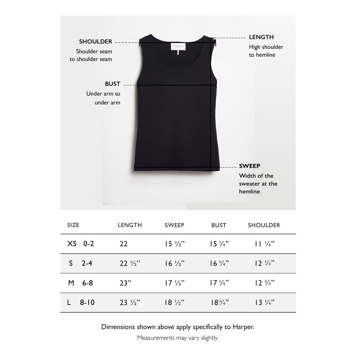 Size chart for The Harper Cotton Sweater Tank — State of Cotton NYC