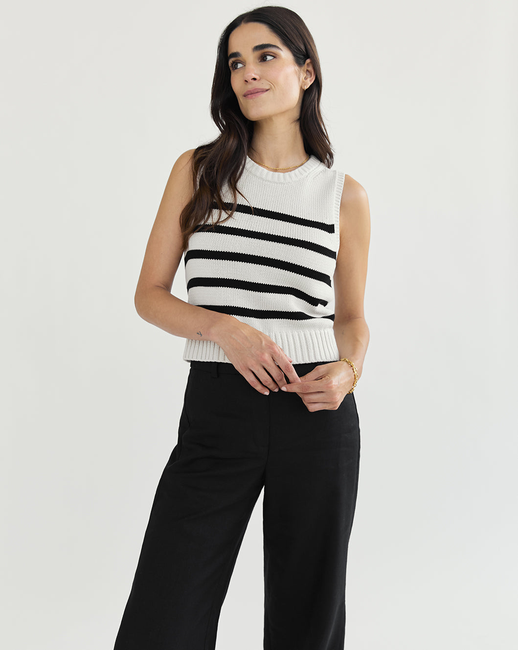 The Hayden Stripe Sleeveless Sweater in ivory and black, additional view — State of Cotton NYC