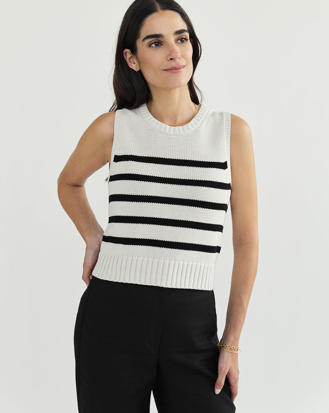 The Hayden Stripe Sleeveless Sweater in ivory and black, additional view — State of Cotton NYC