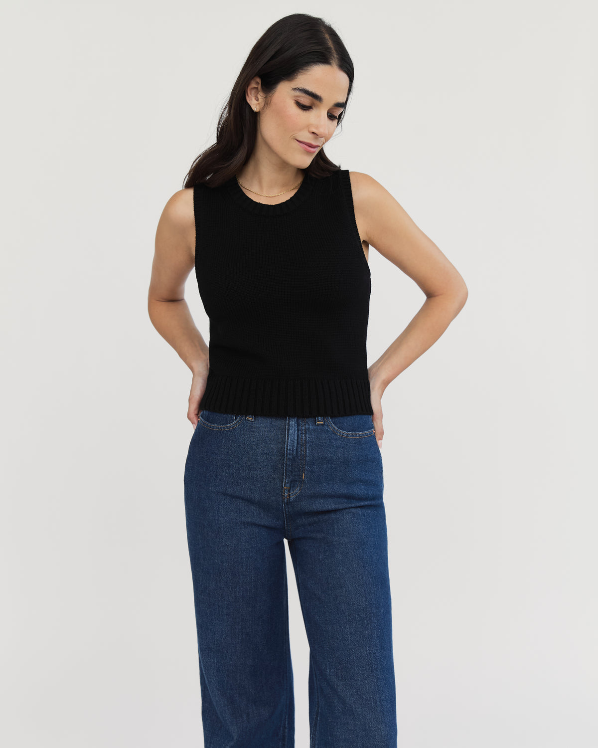 The Hayden Sleeveless Cotton Sweater in black, front view — State of Cotton NYC