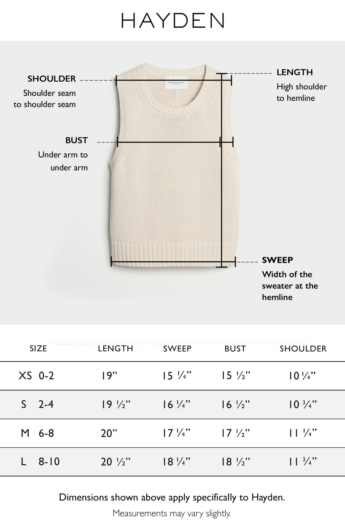 Size chart for The Hayden Sleeveless Cotton Sweater — State of Cotton NYC