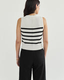 Detail shot of The Hayden Stripe Sleeveless Sweater in ivory and black — Turkish cotton