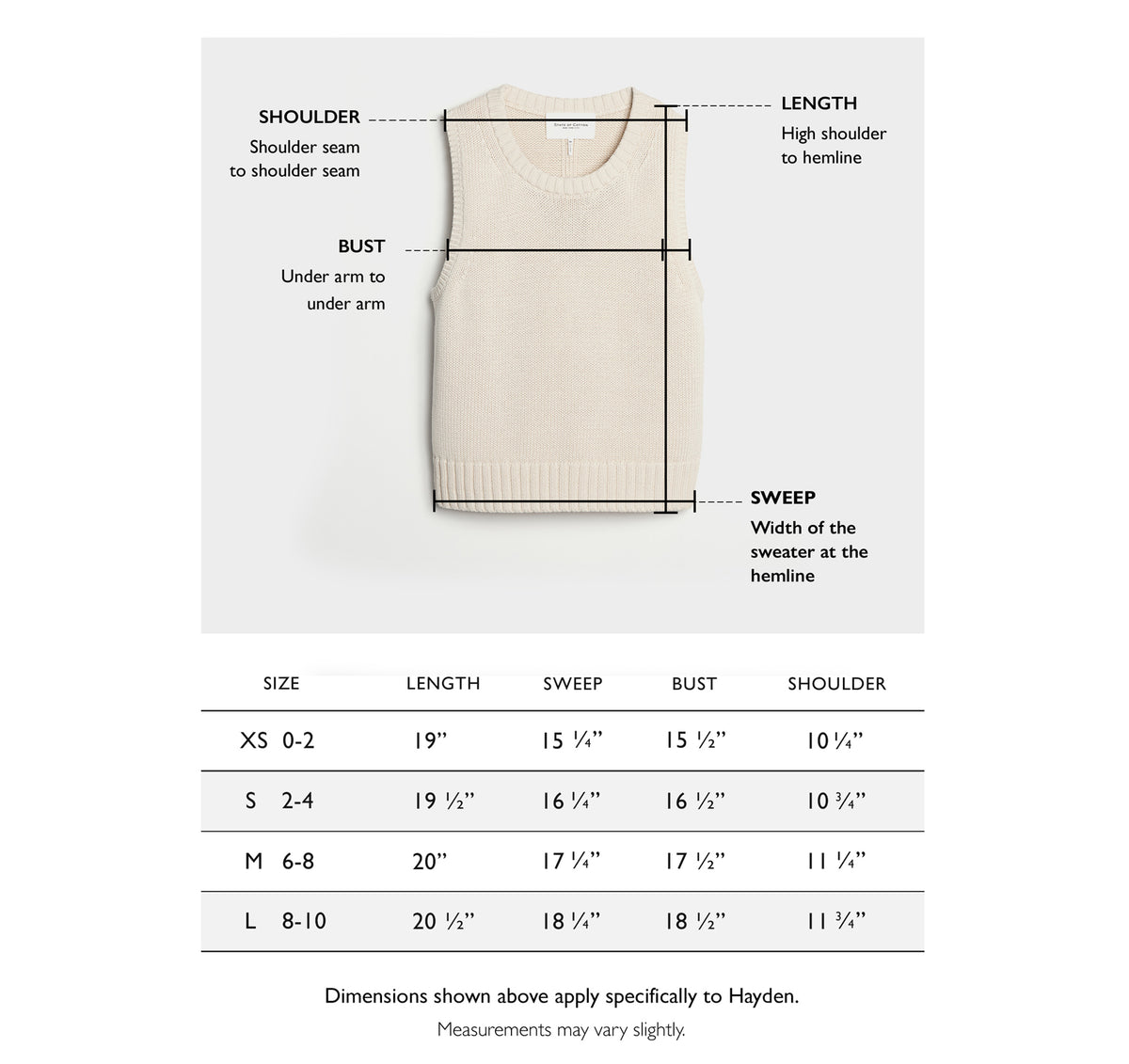 Size chart for The Hayden Stripe Sleeveless Sweater — State of Cotton NYC
