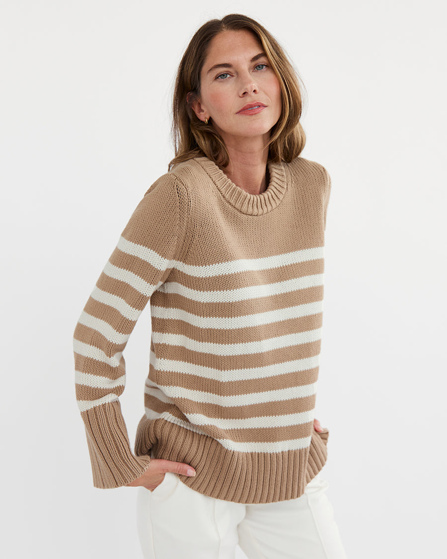 The Kittery Stripe Cotton Bell Sleeve Sweater in camel and ivory, additional view — State of Cotton NYC