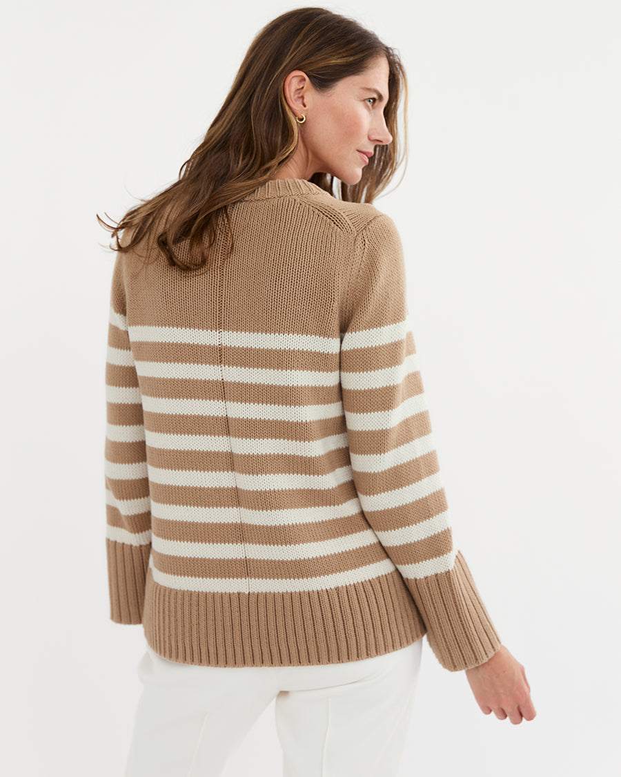 The Kittery Stripe Cotton Bell Sleeve Sweater in camel and ivory, additional view — State of Cotton NYC