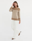 Detail shot of The Kittery Stripe Cotton Bell Sleeve Sweater in camel and ivory — Turkish cotton