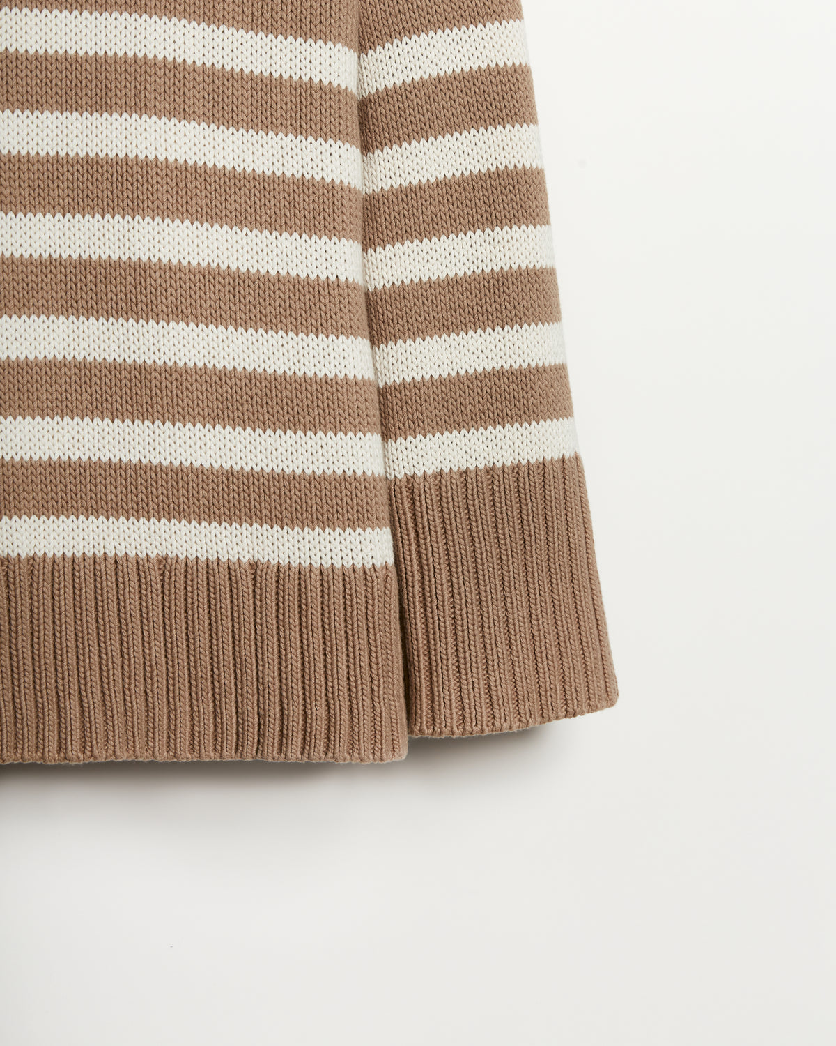 The Kittery Stripe Cotton Bell Sleeve Sweater in camel and ivory, flat lay — State of Cotton NYC