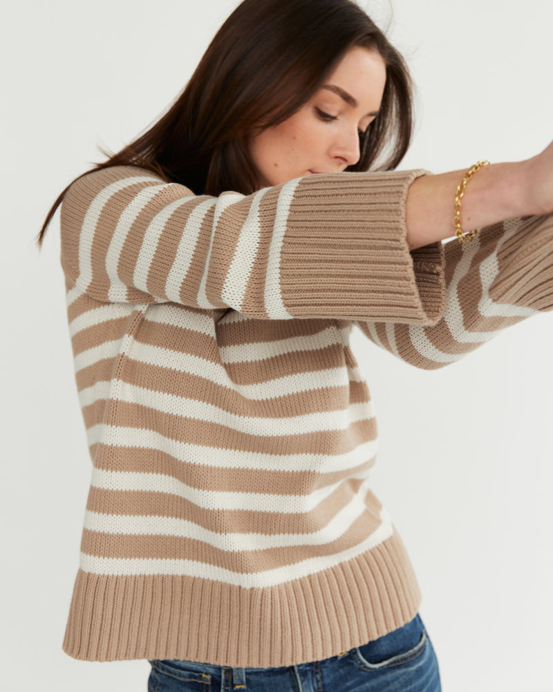 The Kittery Stripe Cotton Bell Sleeve Sweater in camel and ivory — Turkish cotton, Italian-spun — State of Cotton NYC