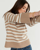 The Kittery Stripe Cotton Bell Sleeve Sweater in camel and ivory — Turkish cotton, Italian-spun — State of Cotton NYC