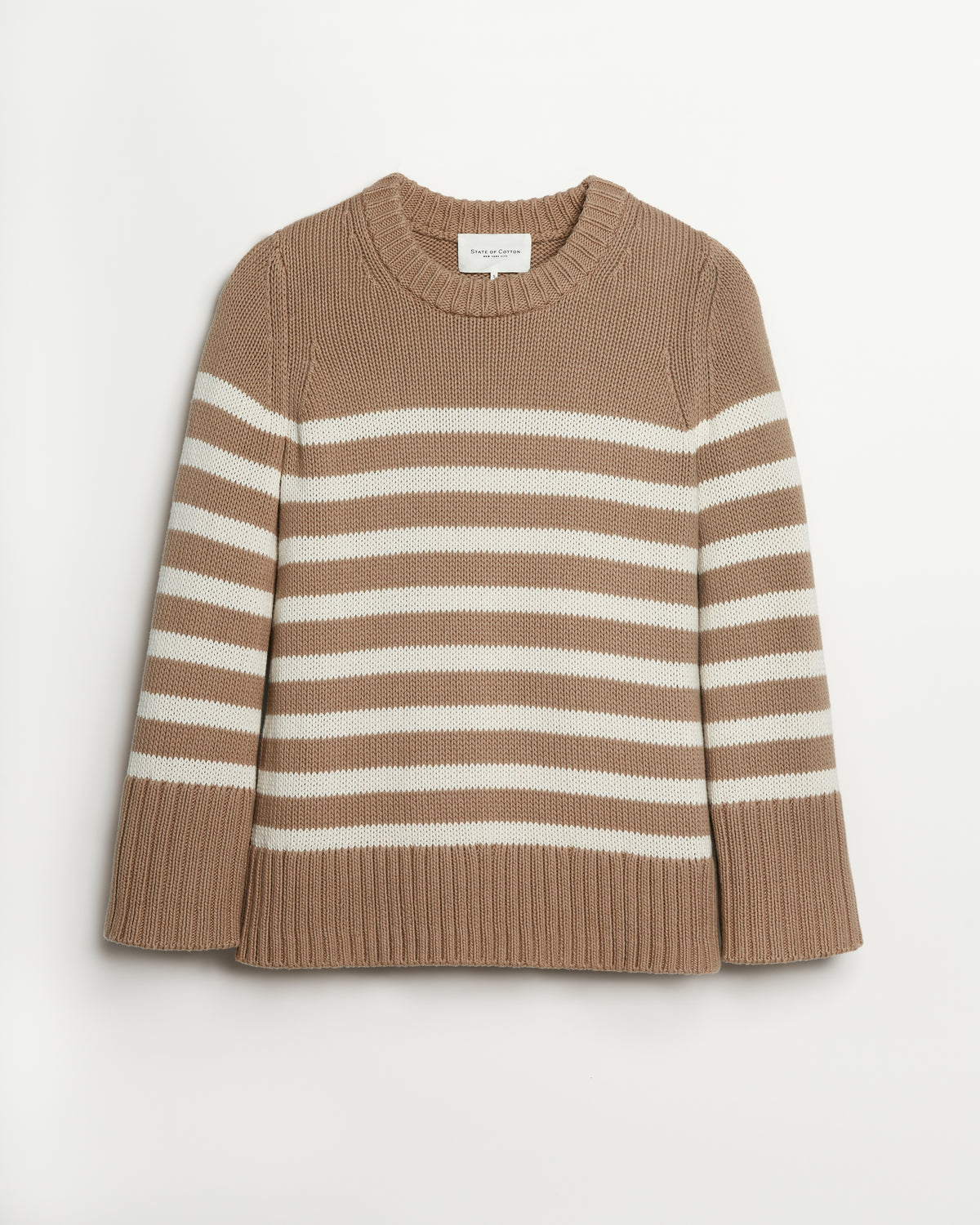 The Kittery Stripe Cotton Bell Sleeve Sweater, styled view — Turkish cotton, Italian-spun — State of Cotton NYC