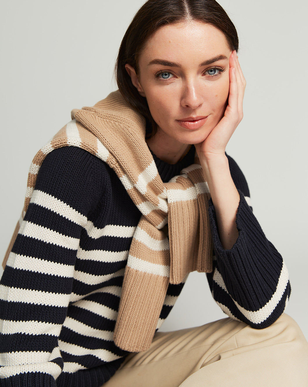 Woman wearing The Kittery Stripe Cotton Bell Sleeve Sweater — State of Cotton NYC