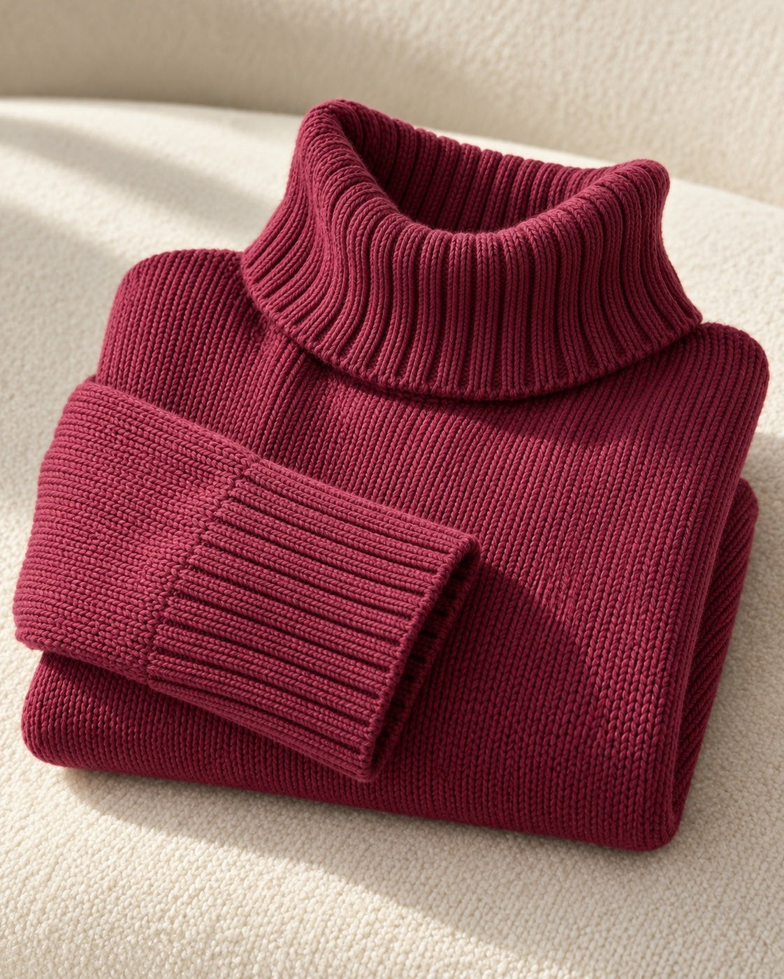 A cranberry cotton turtleneck folded on ivory bouclé