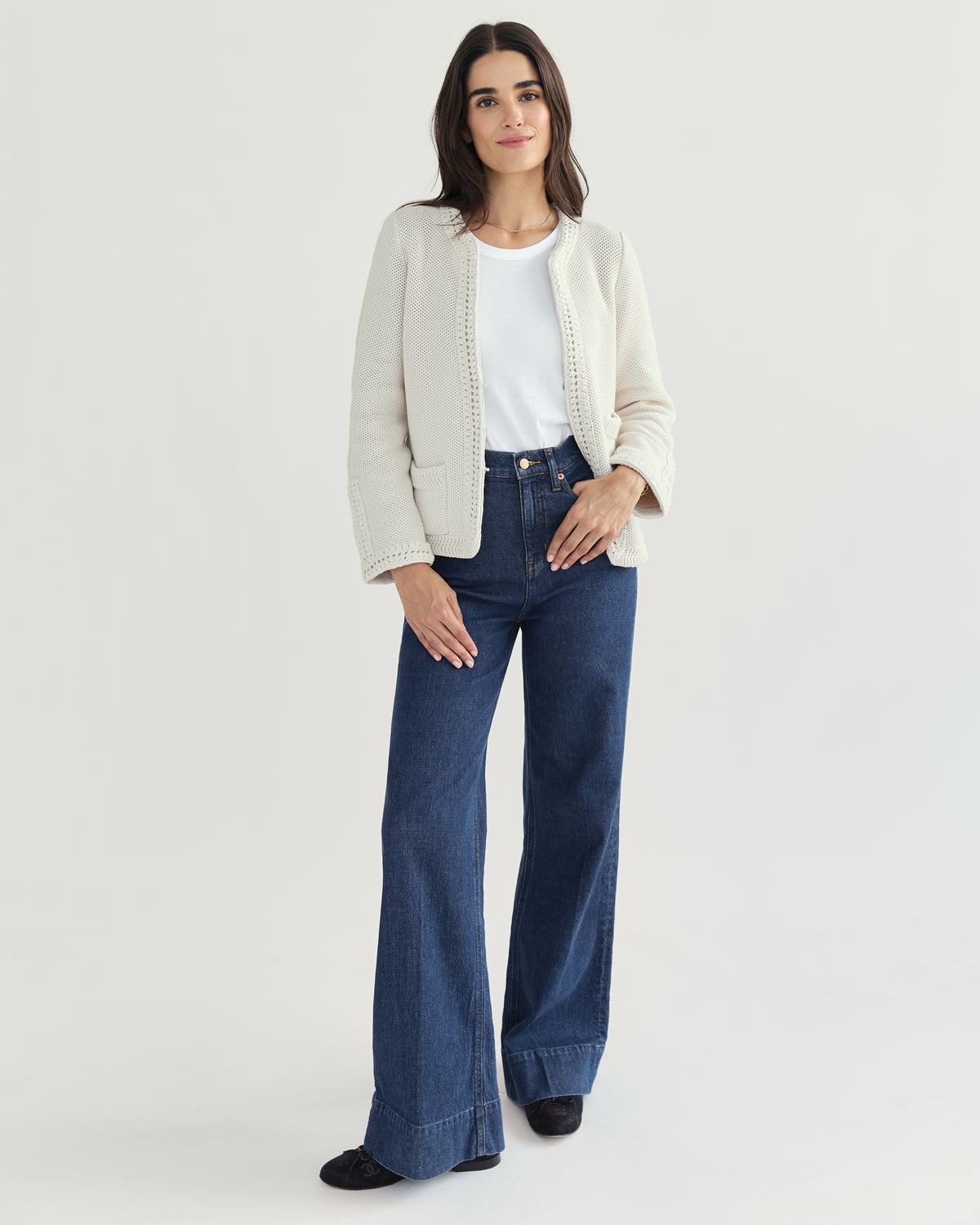 The Merion Cotton Cardigan in ivory, alternate view — State of Cotton NYC