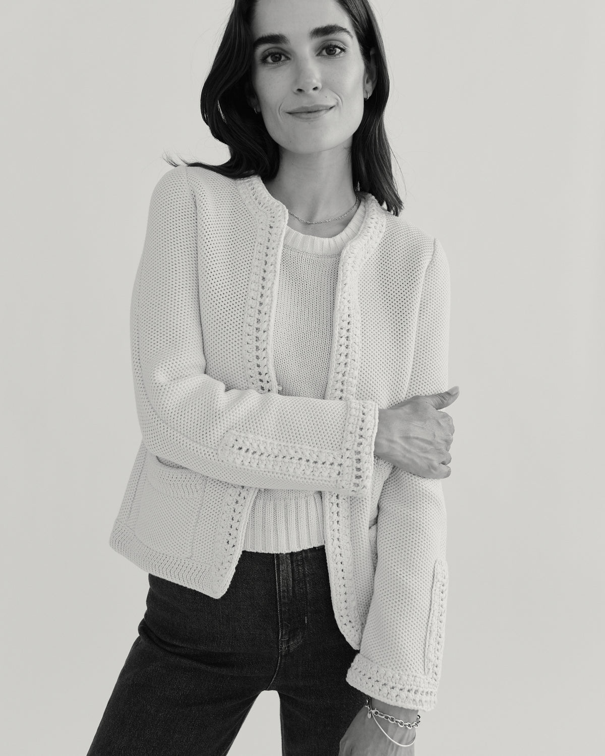 The Merion Cotton Cardigan in ivory, front view — State of Cotton NYC