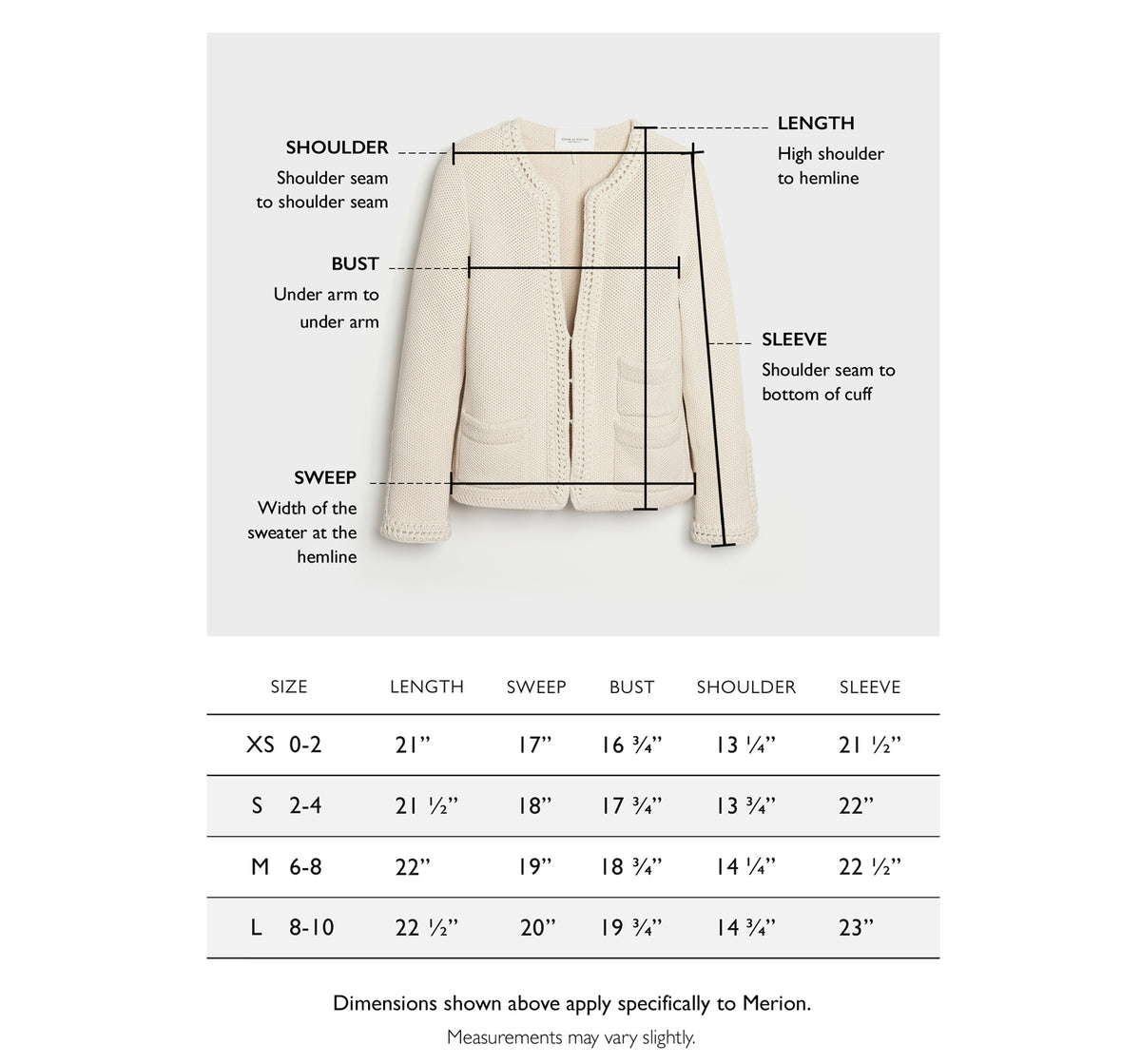 Size chart for The Merion Cotton Cardigan — State of Cotton NYC