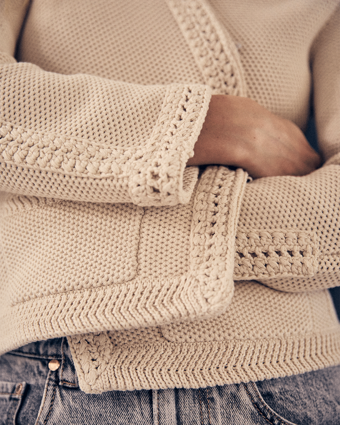 Detail shot of The Merion Cotton Cardigan in ivory — Turkish cotton, Italian-spun