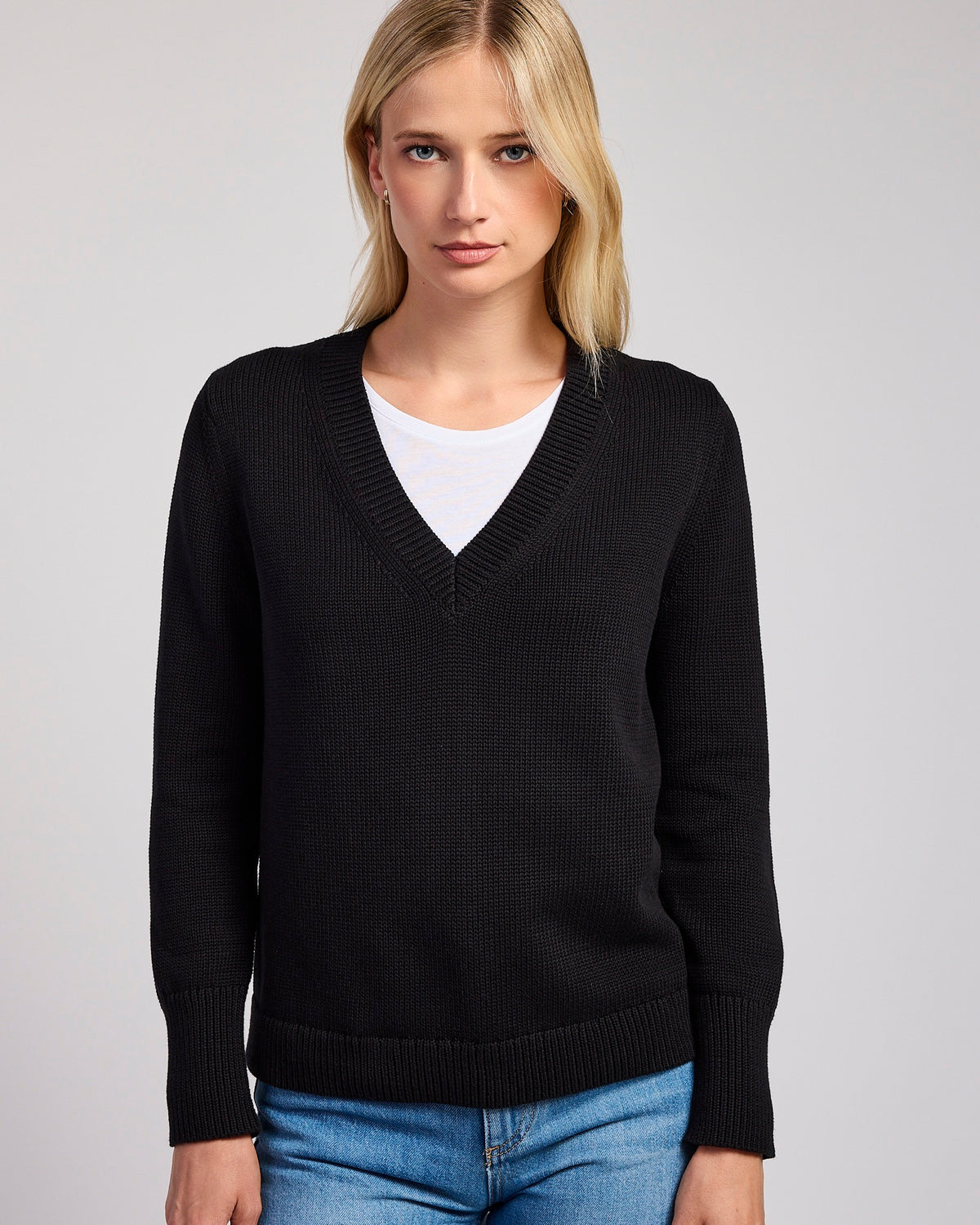 The Dorien V-Neck Cotton Sweater in black, front view — State of Cotton NYC