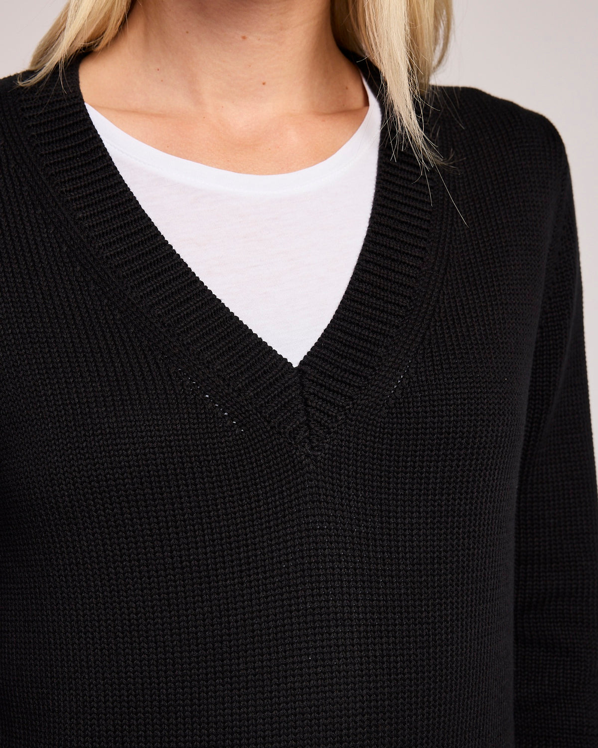 The Dorien V-Neck Cotton Sweater in black, front view — State of Cotton NYC