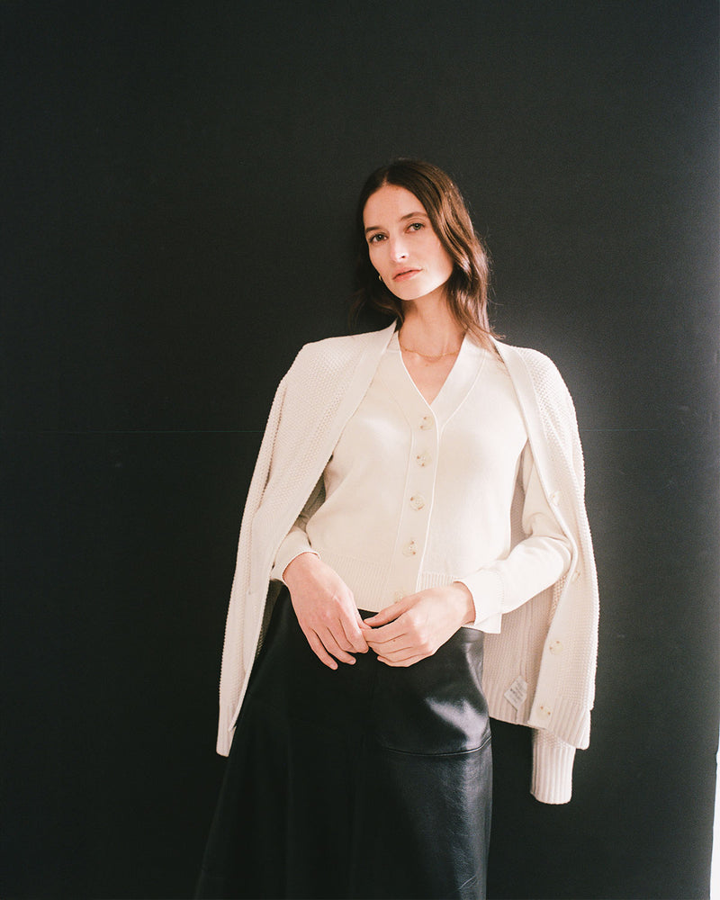 Detail shot of The Perry Cotton Cardigan in ivory — lightweight Egyptian cotton, Italian-spun