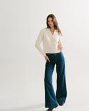 Woman wearing The Perry Cotton Cardigan in ivory, full length — State of Cotton NYC