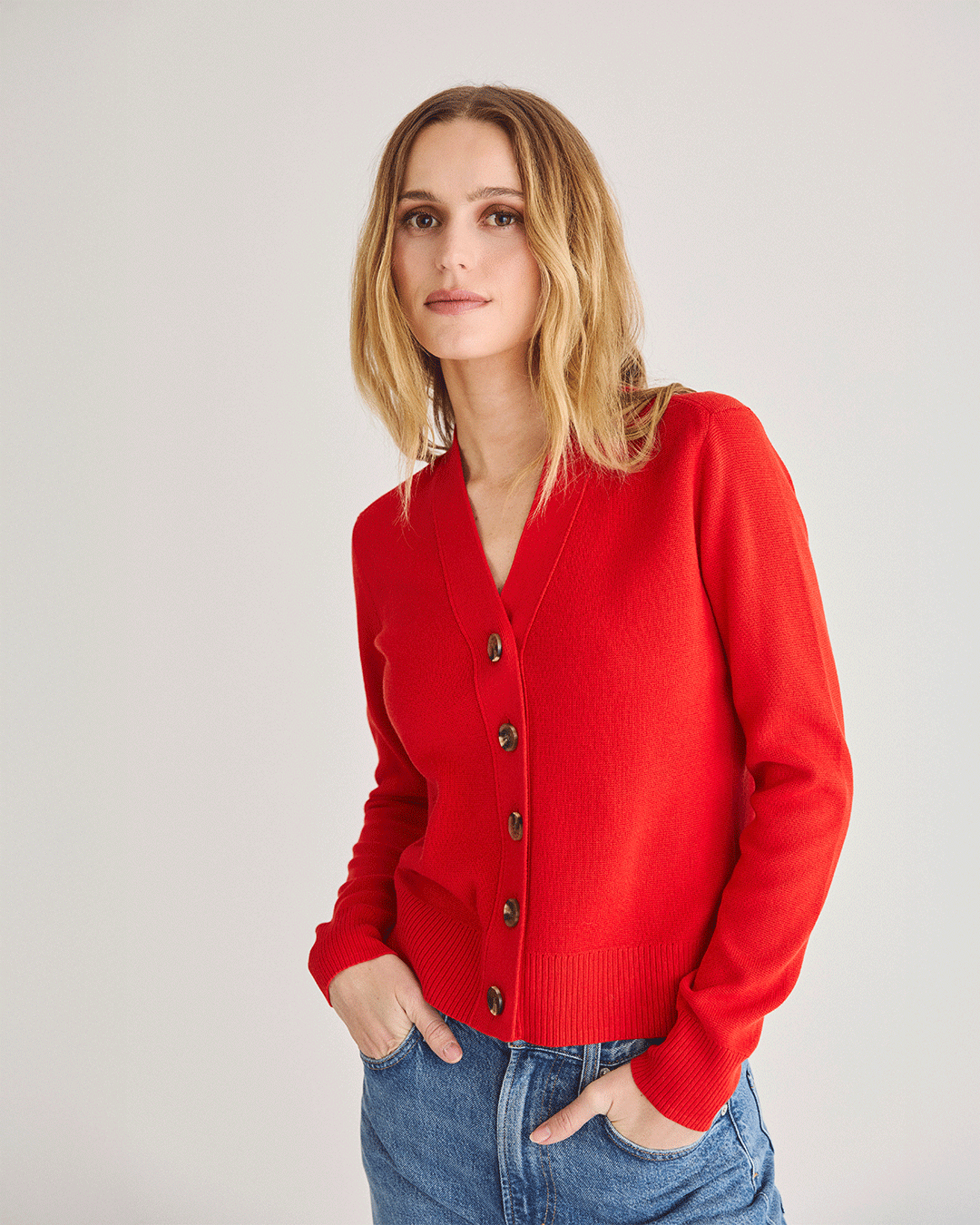 The Perry Cotton Cardigan in red — State of Cotton NYC