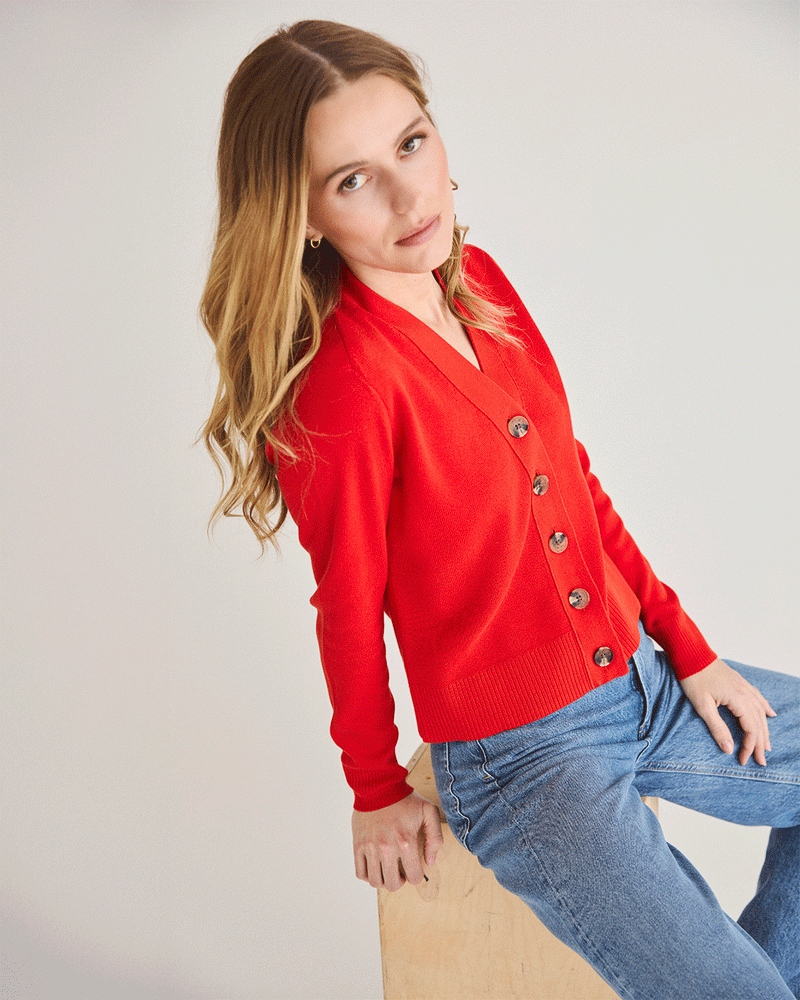 The Perry Cotton Cardigan in red — State of Cotton NYC