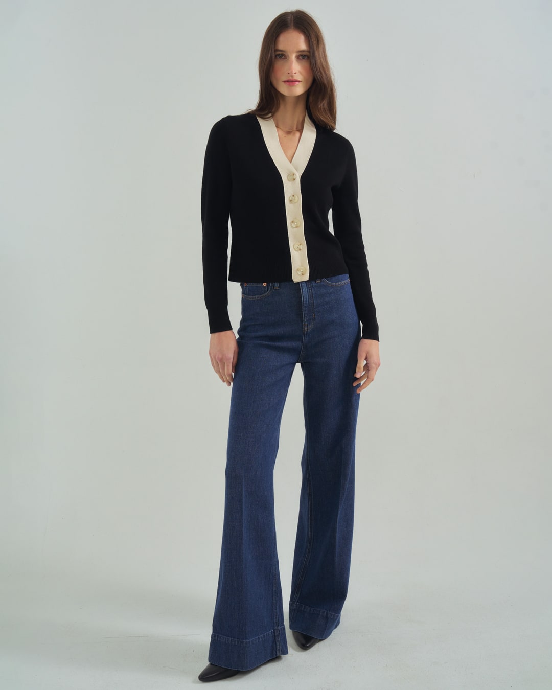 The Perry Tipped Cotton Cardigan in black and ivory, front view — State of Cotton NYC