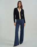 The Perry Tipped Cotton Cardigan in black and ivory, front view — State of Cotton NYC