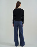Woman wearing The Perry Tipped Cotton Cardigan in black and ivory — State of Cotton NYC