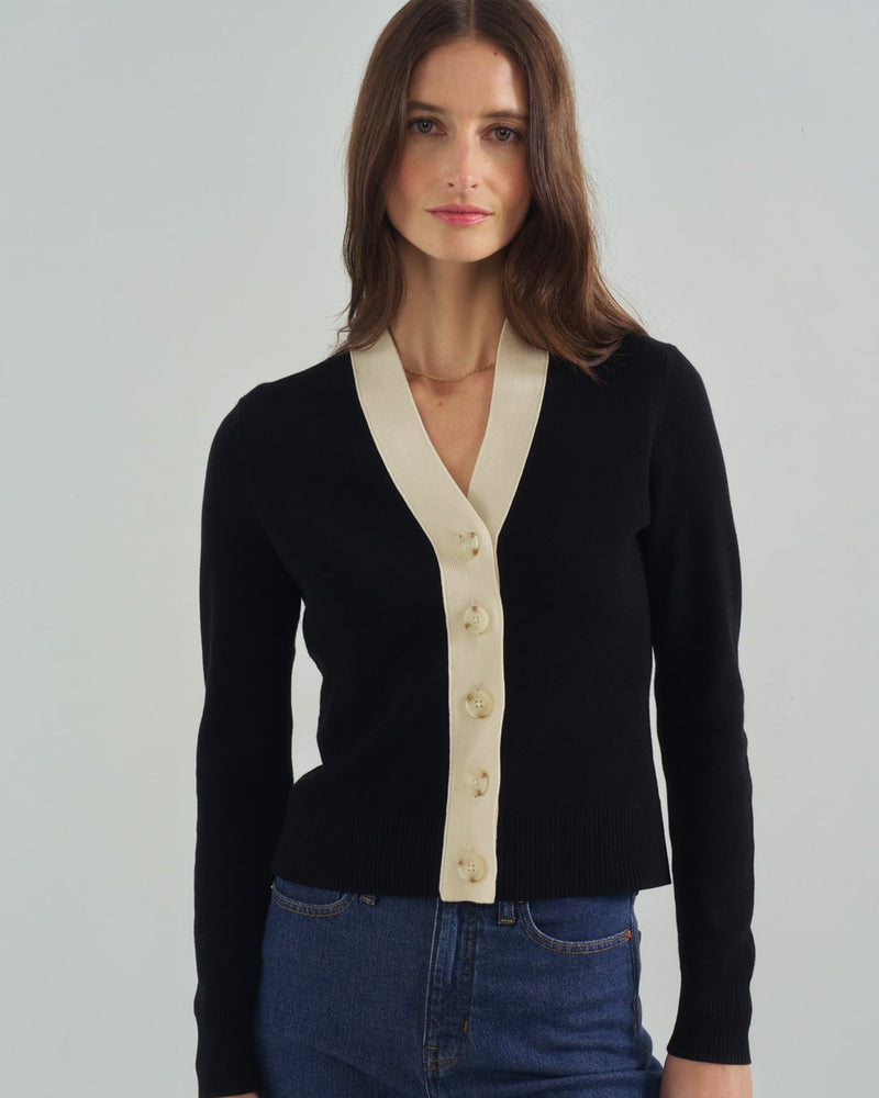 The Perry Tipped Cotton Cardigan in black and ivory — Egyptian cotton, Italian-spun — State of Cotton NYC