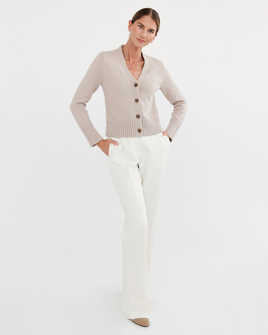 The Peyton Cotton Cardigan in oat, front view — State of Cotton NYC