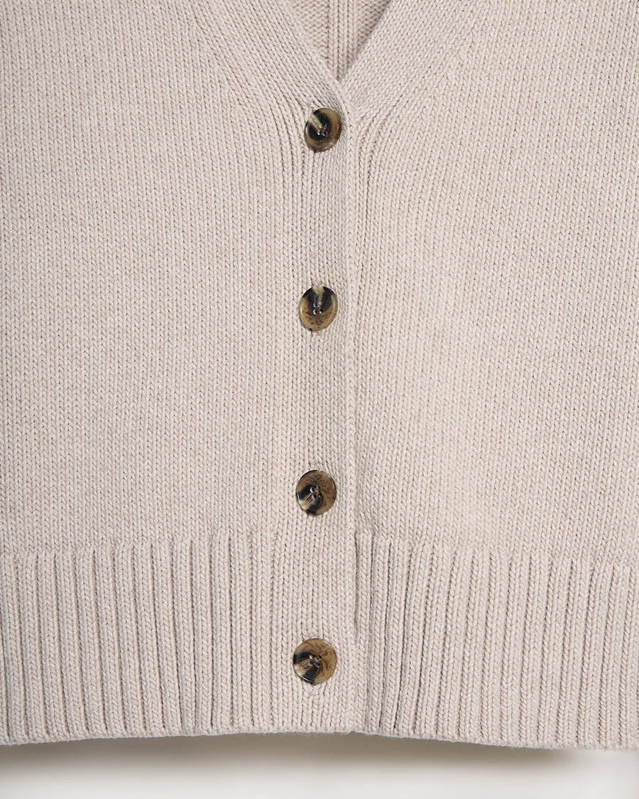 The Peyton Cotton Cardigan in oat, styled view — State of Cotton NYC