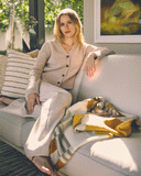 Woman wearing The Peyton Cotton Cardigan in oat — State of Cotton NYC