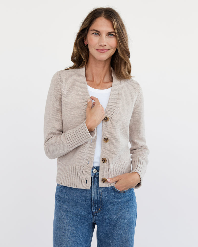 The Peyton Cotton Cardigan in oat — medium weight Turkish cotton, Italian-spun — State of Cotton NYC