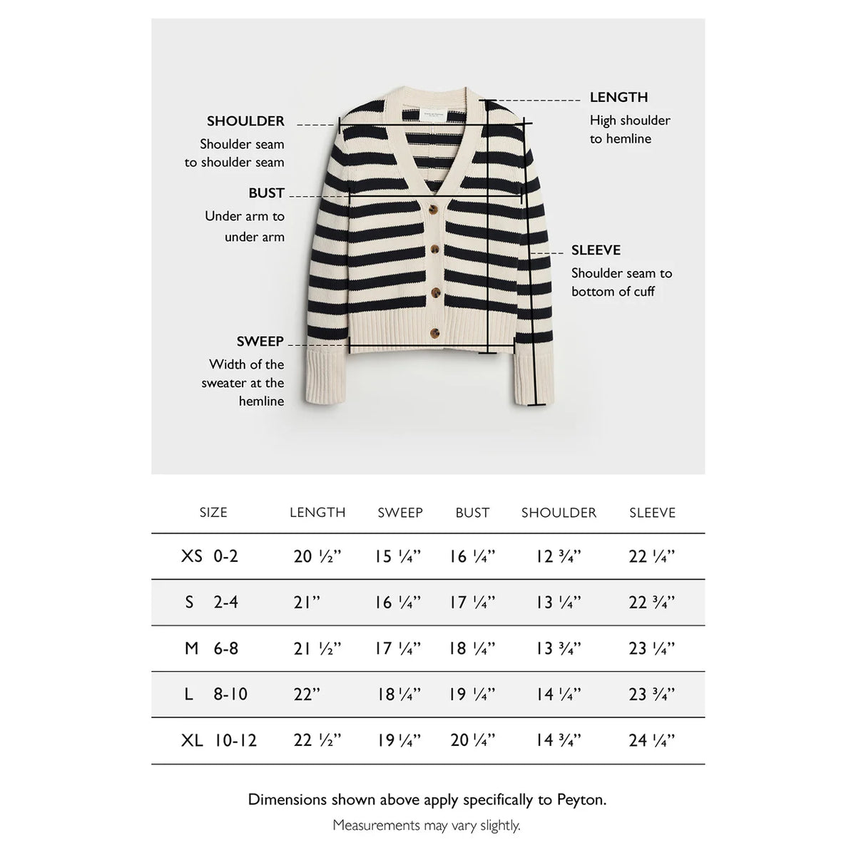 Size chart for The Peyton Cotton Cardigan — State of Cotton NYC