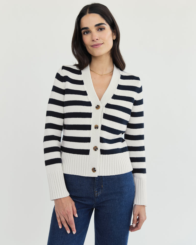 Detail shot of The Peyton Stripe Cotton Cardigan — Turkish cotton, Italian-spun