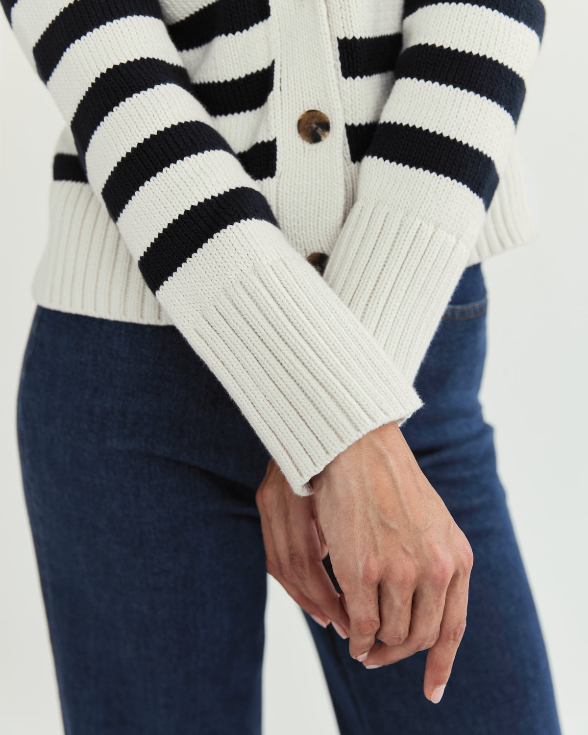 The Peyton Stripe Cotton Cardigan in navy and ivory, alternate view — State of Cotton NYC