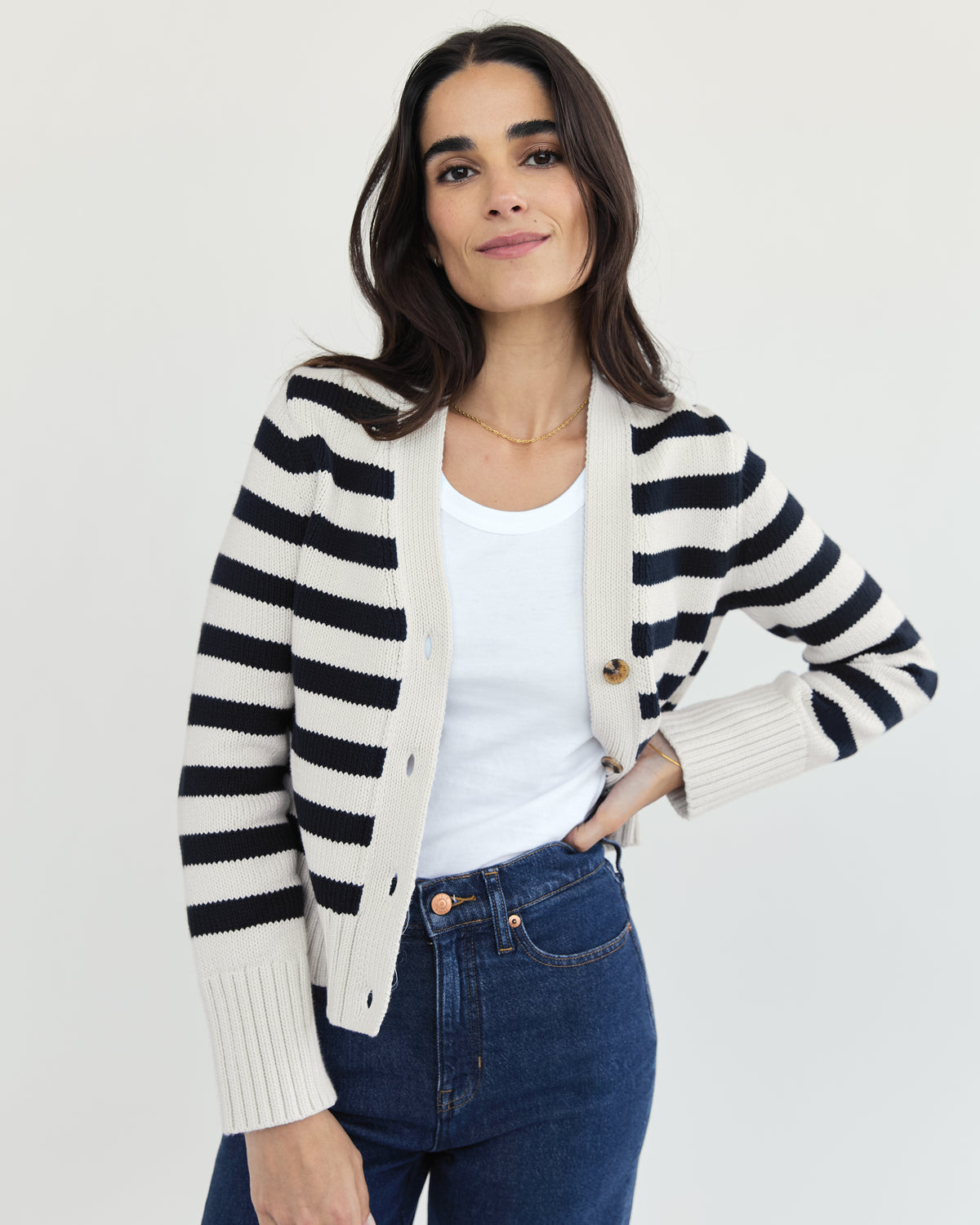 The Peyton Stripe Cotton Cardigan in navy and ivory, back view — State of Cotton NYC