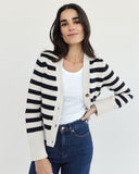 The Peyton Stripe Cotton Cardigan in navy and ivory, back view — State of Cotton NYC