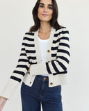 Detail shot of The Peyton Stripe Cotton Cardigan in navy and ivory — Turkish cotton