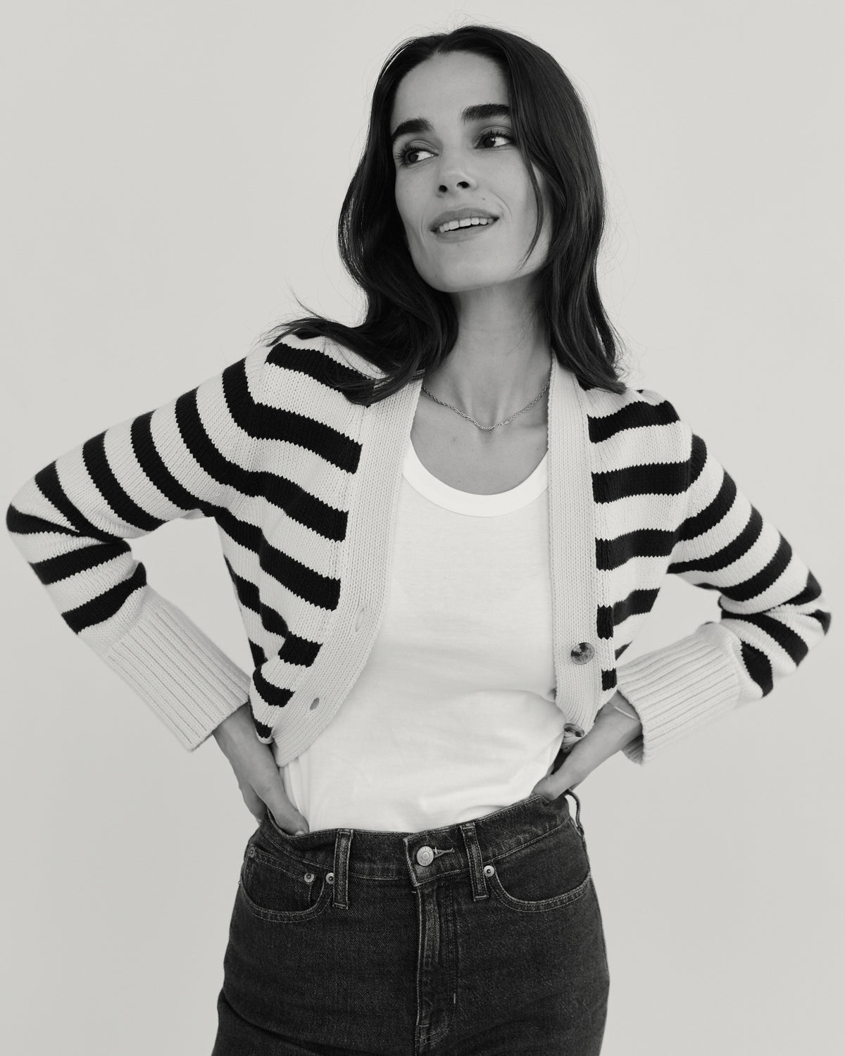 The Peyton Stripe Cotton Cardigan in navy and ivory, front view — State of Cotton NYC