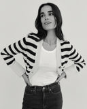 The Peyton Stripe Cotton Cardigan in navy and ivory, front view — State of Cotton NYC