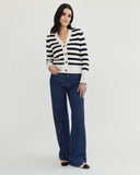 The Peyton Stripe Cotton Cardigan in navy and ivory, styled view — State of Cotton NYC
