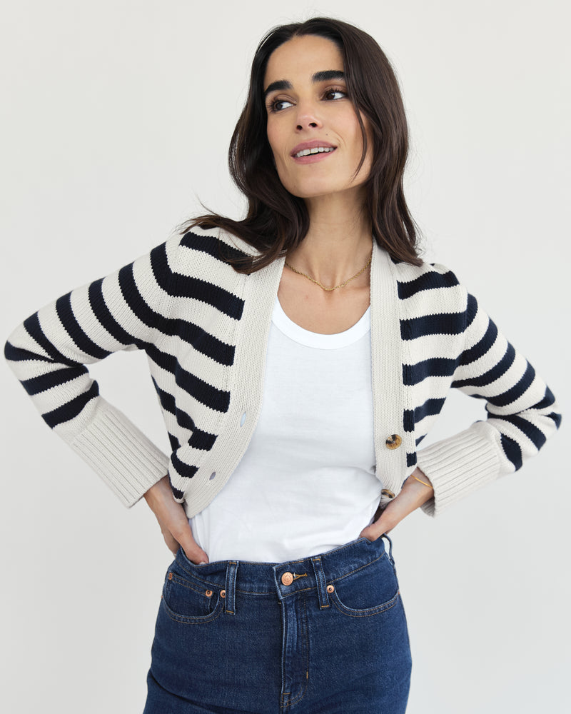 The Peyton Stripe Cotton Cardigan in navy and ivory — Turkish cotton, Italian-spun — State of Cotton NYC