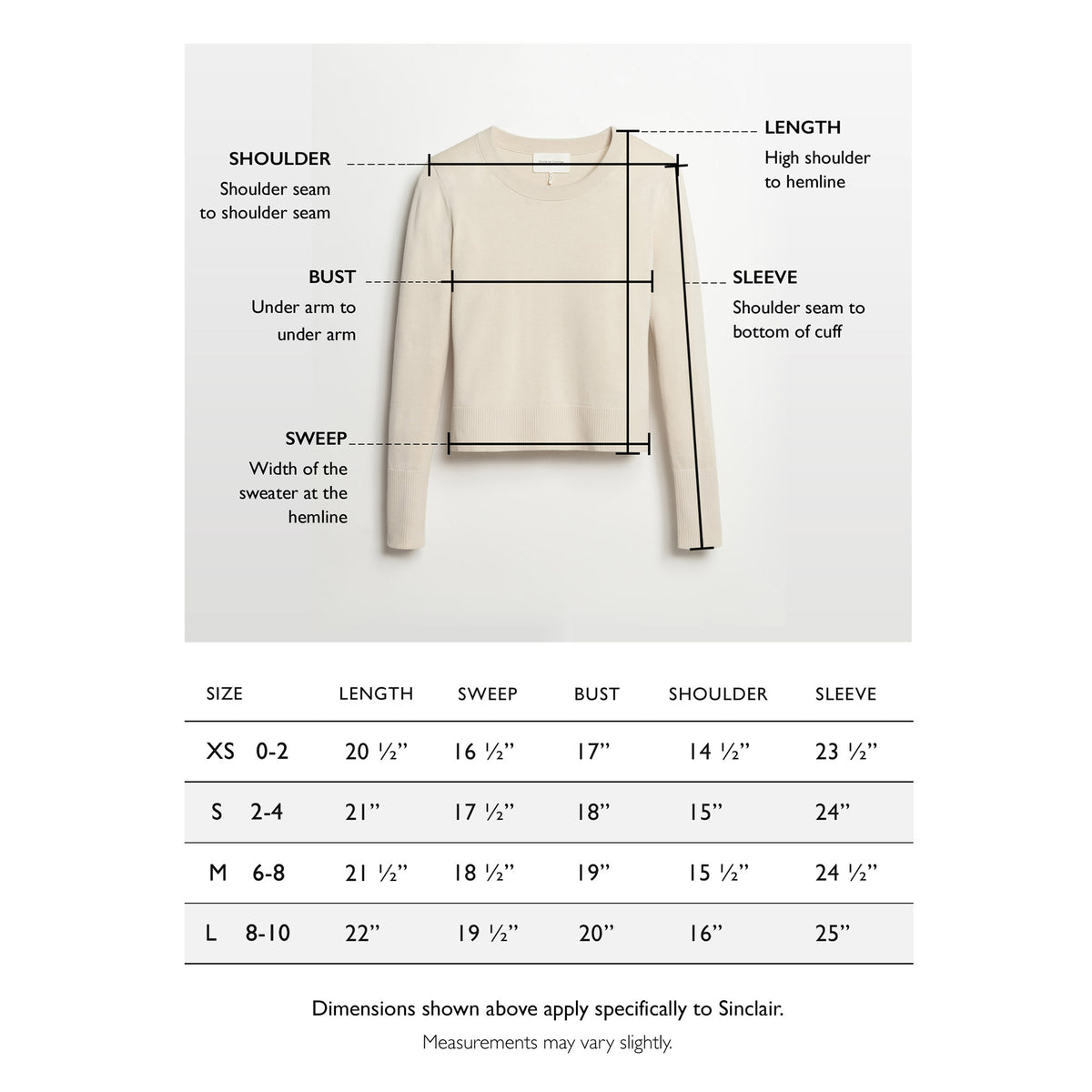 Size chart for The Sinclair Cotton Crewneck Sweater — State of Cotton NYC