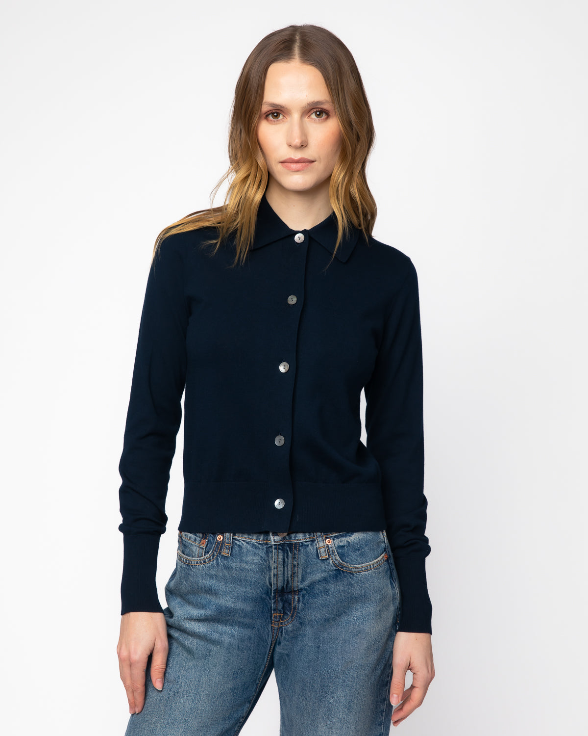 The Halsey Cotton Polo Sweater in navy, additional view — State of Cotton NYC