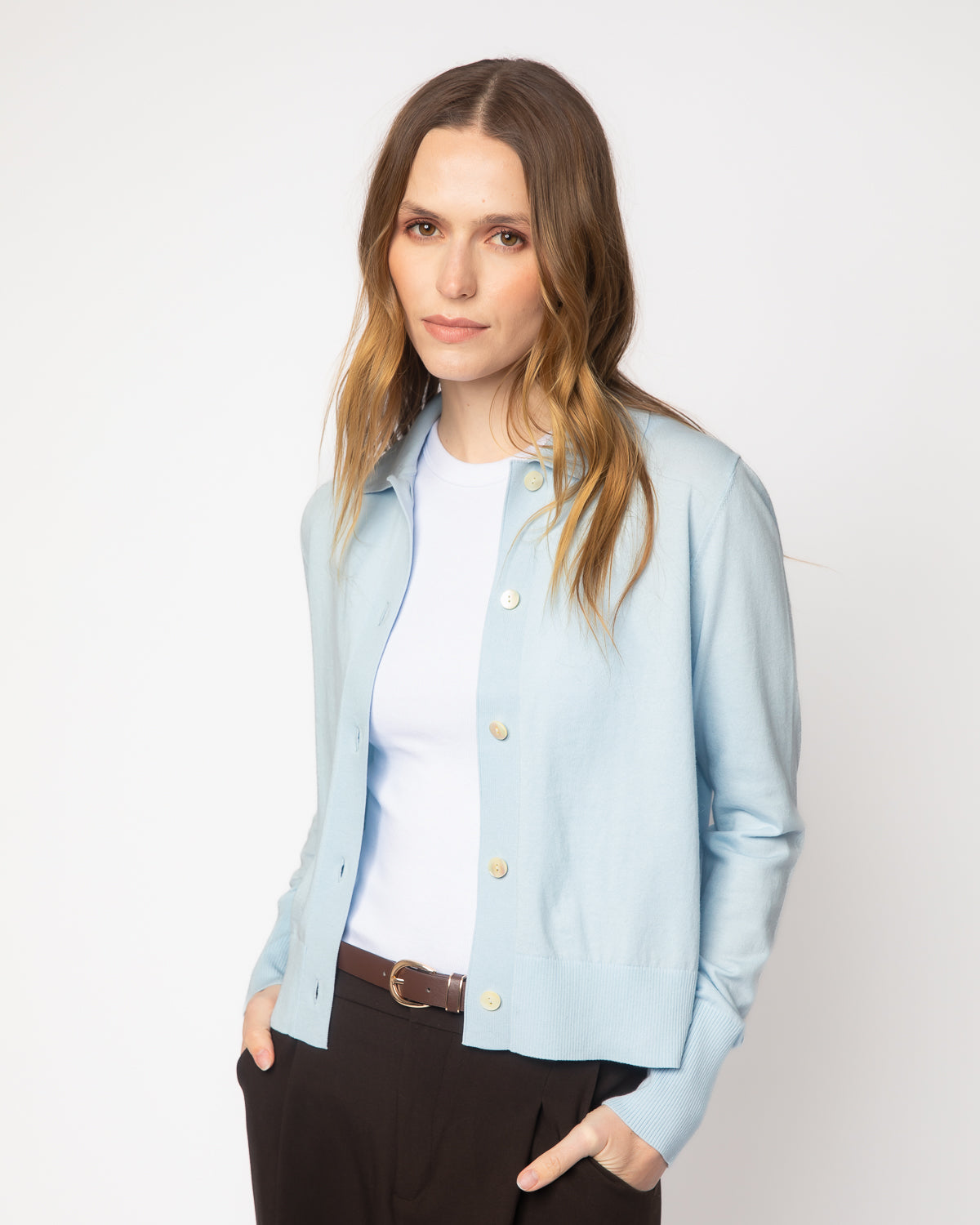 The Halsey Cotton Polo Sweater in pale blue, additional view — State of Cotton NYC